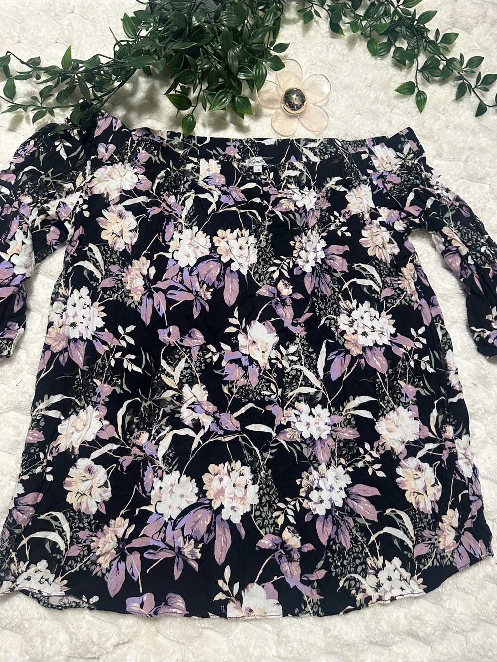 Kismet Black Blouse with Lavender and Cream Floral Print
